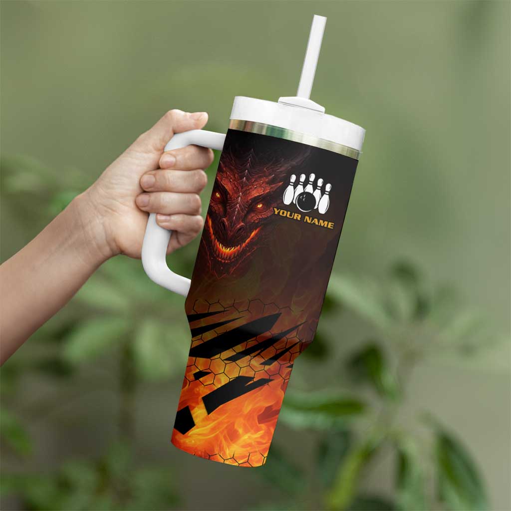 Custom Fiery Dragon Bowling Tumbler With Handle with Flaming Ball and Hexagon Flame Pattern - Wonder Print Shop