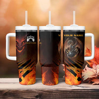 Custom Fiery Dragon Bowling Tumbler With Handle with Flaming Ball and Hexagon Flame Pattern - Wonder Print Shop
