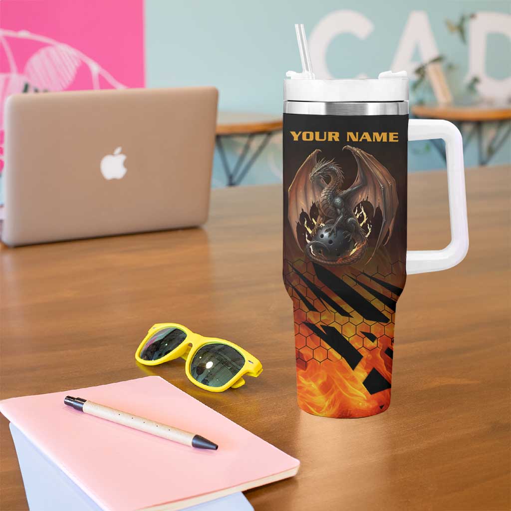 Custom Fiery Dragon Bowling Tumbler With Handle with Flaming Ball and Hexagon Flame Pattern - Wonder Print Shop