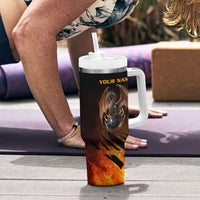 Custom Fiery Dragon Bowling Tumbler With Handle with Flaming Ball and Hexagon Flame Pattern - Wonder Print Shop