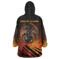Custom Fiery Dragon Bowling Wearable Blanket Hoodie with Flaming Ball and Hexagon Flame Pattern - Wonder Print Shop