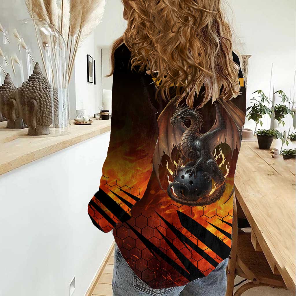 Custom Fiery Dragon Bowling Women Casual Shirt with Flaming Ball and Hexagon Flame Pattern - Wonder Print Shop