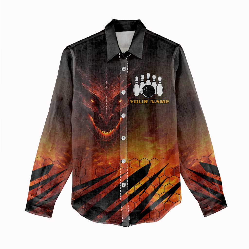 Custom Fiery Dragon Bowling Women Casual Shirt with Flaming Ball and Hexagon Flame Pattern - Wonder Print Shop