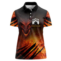 Custom Fiery Dragon Bowling Women Polo Shirt with Flaming Ball and Hexagon Flame Pattern - Wonder Print Shop