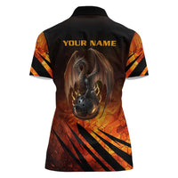 Custom Fiery Dragon Bowling Women Polo Shirt with Flaming Ball and Hexagon Flame Pattern - Wonder Print Shop