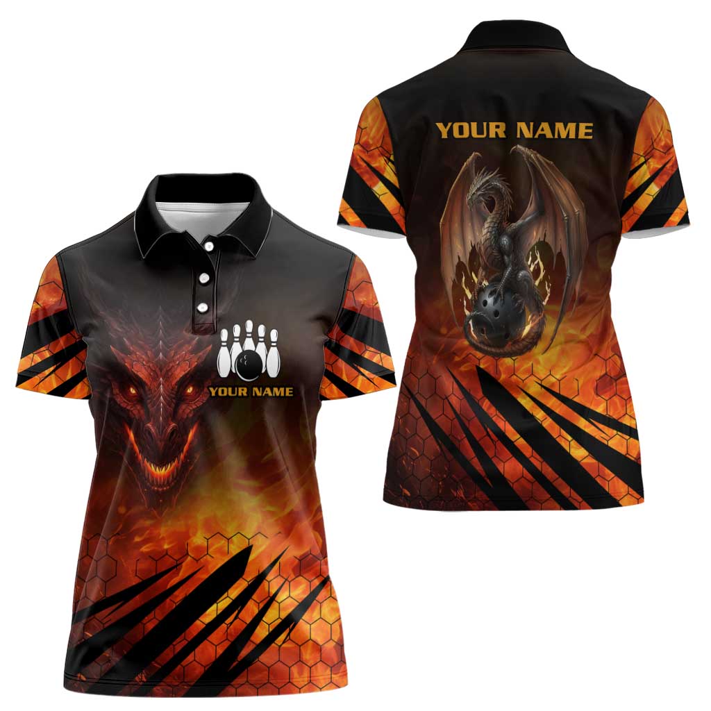Custom Fiery Dragon Bowling Women Polo Shirt with Flaming Ball and Hexagon Flame Pattern - Wonder Print Shop