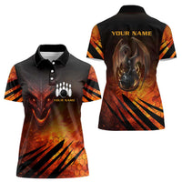 Custom Fiery Dragon Bowling Women Polo Shirt with Flaming Ball and Hexagon Flame Pattern - Wonder Print Shop