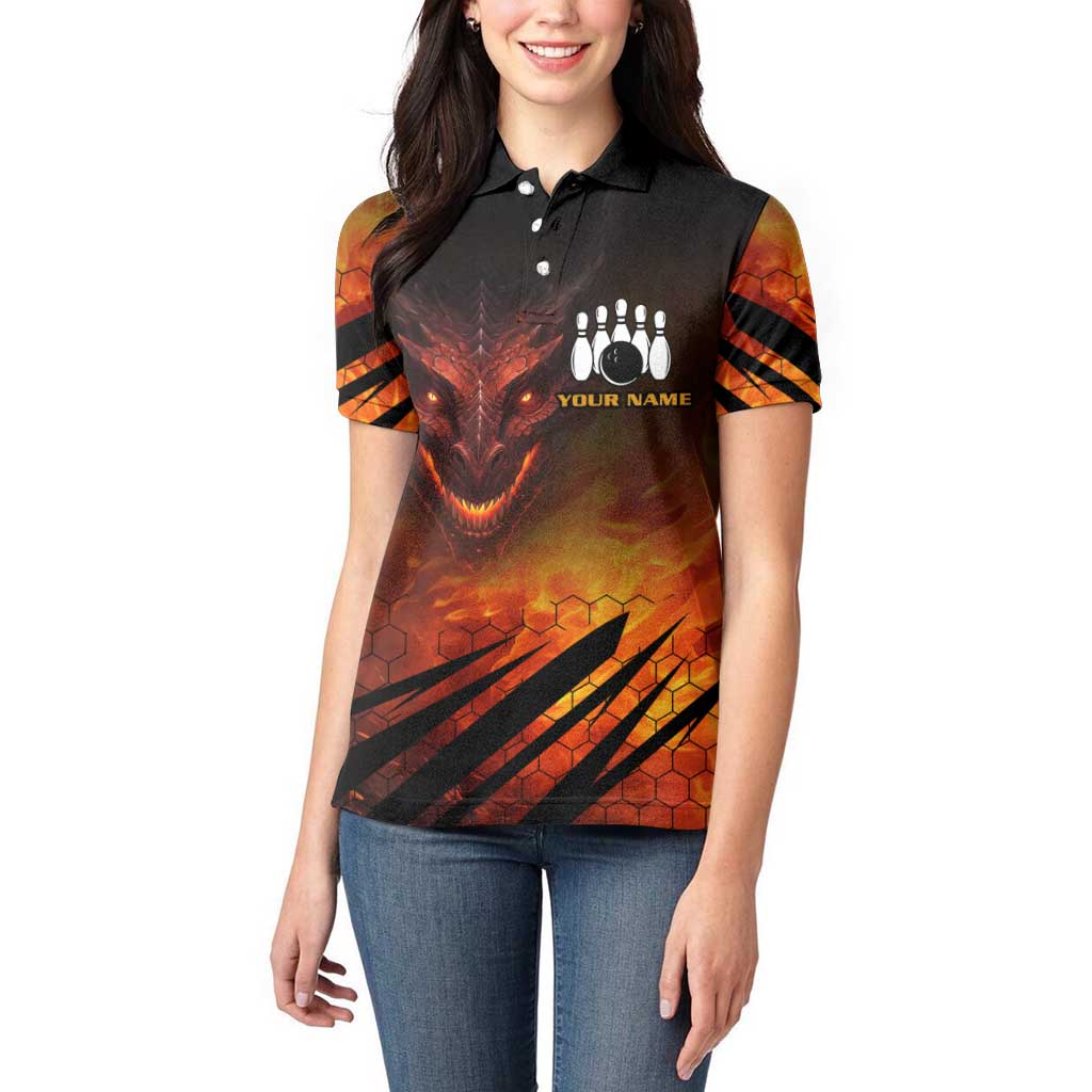 Custom Fiery Dragon Bowling Women Polo Shirt with Flaming Ball and Hexagon Flame Pattern - Wonder Print Shop