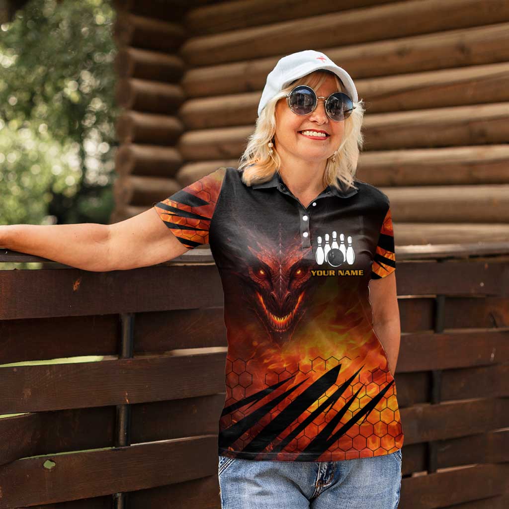 Custom Fiery Dragon Bowling Women Polo Shirt with Flaming Ball and Hexagon Flame Pattern - Wonder Print Shop
