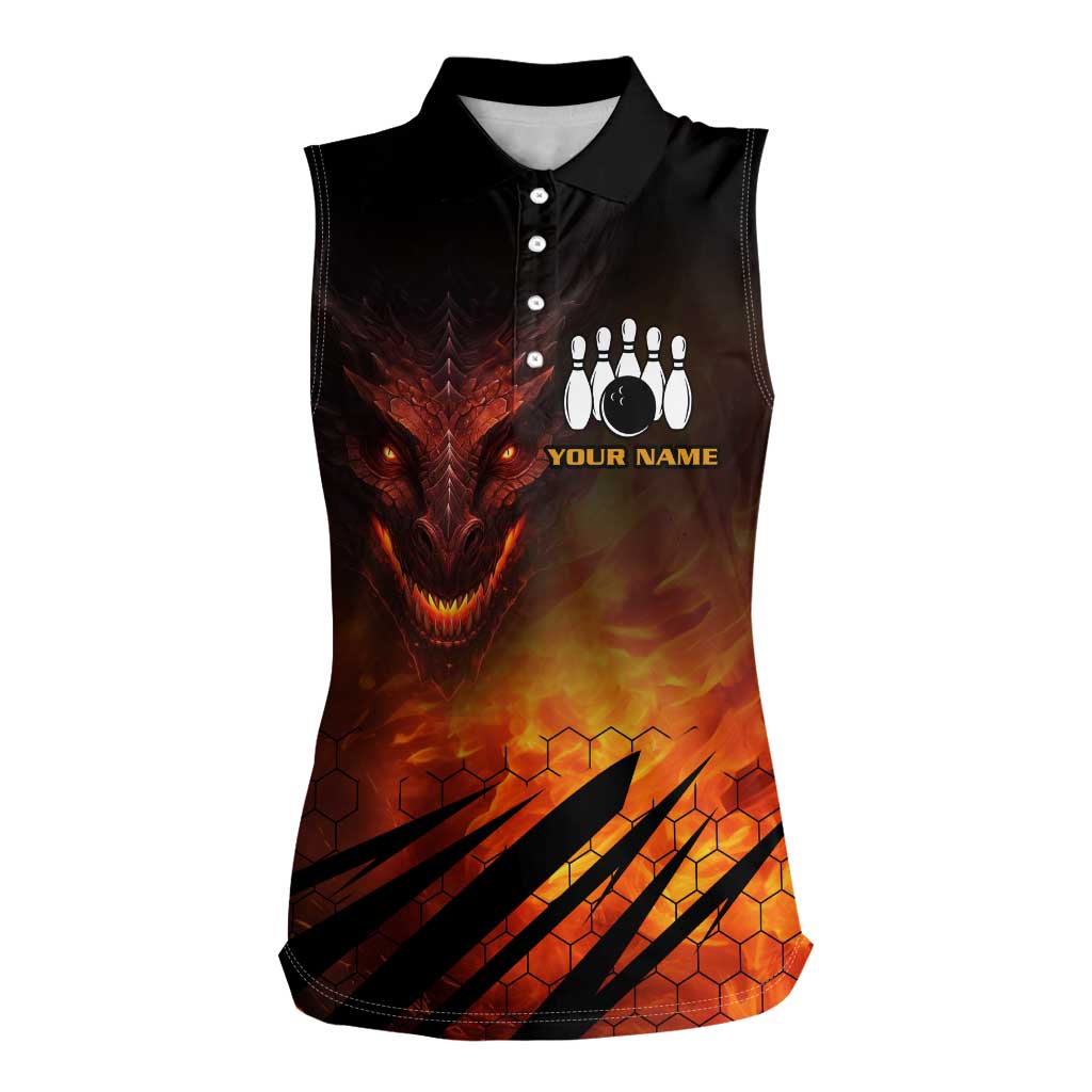Custom Fiery Dragon Bowling Women Sleeveless Polo Shirt with Flaming Ball and Hexagon Flame Pattern - Wonder Print Shop