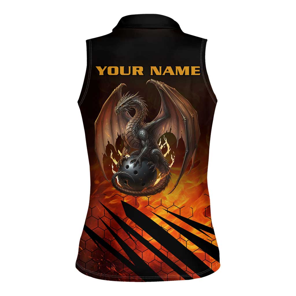 Custom Fiery Dragon Bowling Women Sleeveless Polo Shirt with Flaming Ball and Hexagon Flame Pattern - Wonder Print Shop