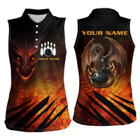 Custom Fiery Dragon Bowling Women Sleeveless Polo Shirt with Flaming Ball and Hexagon Flame Pattern - Wonder Print Shop