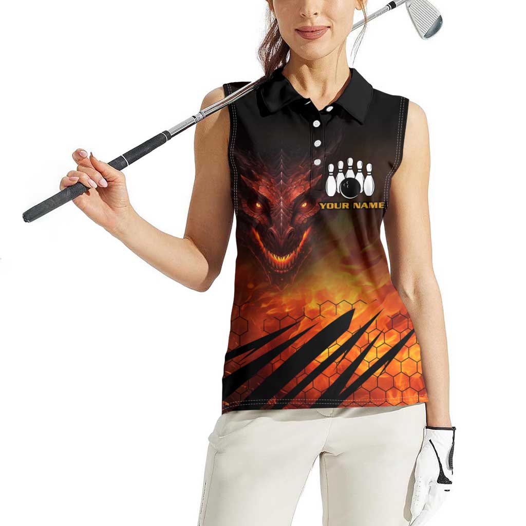 Custom Fiery Dragon Bowling Women Sleeveless Polo Shirt with Flaming Ball and Hexagon Flame Pattern - Wonder Print Shop