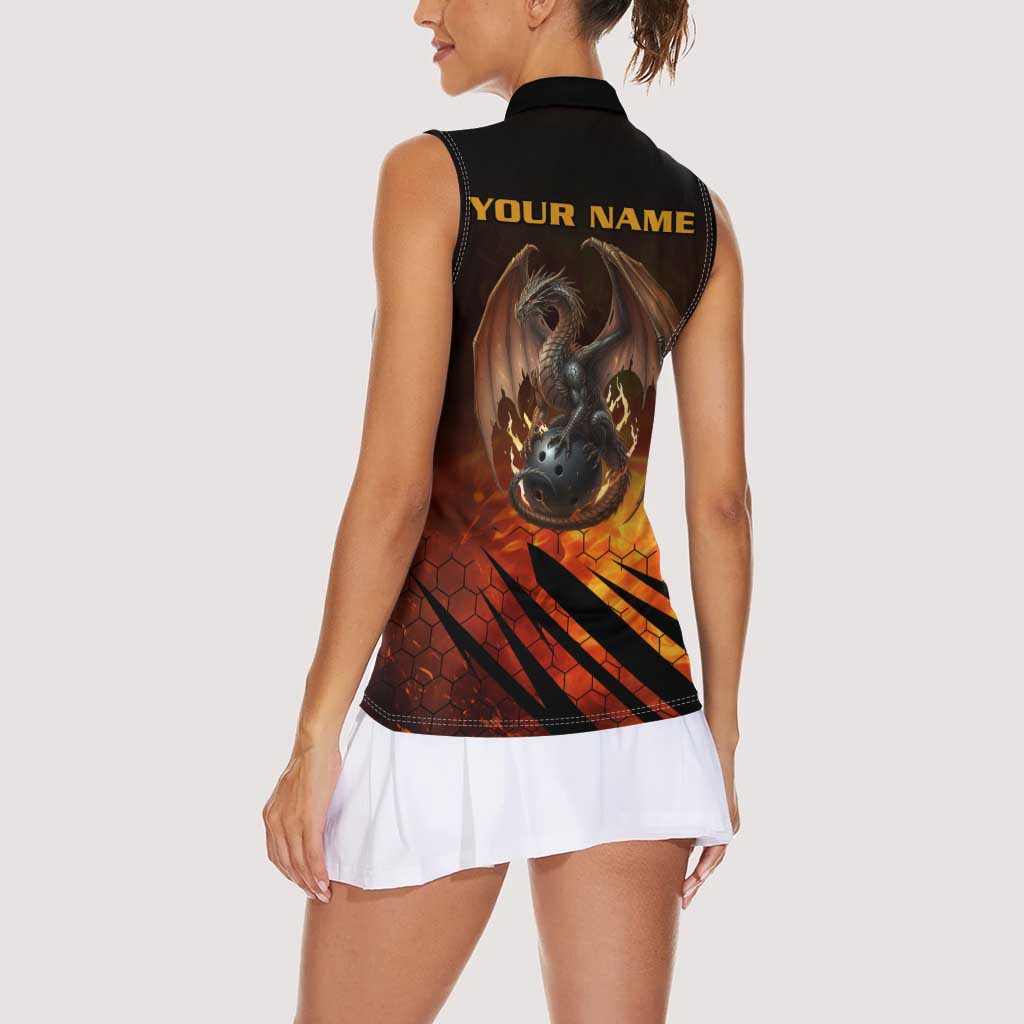 Custom Fiery Dragon Bowling Women Sleeveless Polo Shirt with Flaming Ball and Hexagon Flame Pattern - Wonder Print Shop