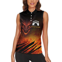 Custom Fiery Dragon Bowling Women Sleeveless Polo Shirt with Flaming Ball and Hexagon Flame Pattern - Wonder Print Shop