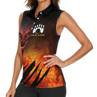 Custom Fiery Dragon Bowling Women Sleeveless Polo Shirt with Flaming Ball and Hexagon Flame Pattern - Wonder Print Shop