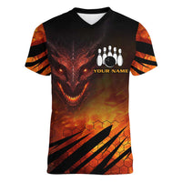 Custom Fiery Dragon Bowling Women V-Neck T-Shirt with Flaming Ball and Hexagon Flame Pattern - Wonder Print Shop