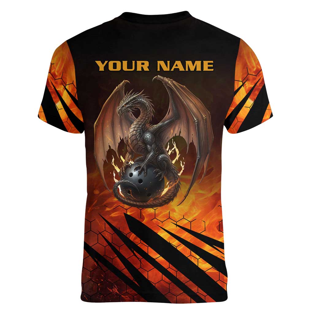Custom Fiery Dragon Bowling Women V-Neck T-Shirt with Flaming Ball and Hexagon Flame Pattern - Wonder Print Shop