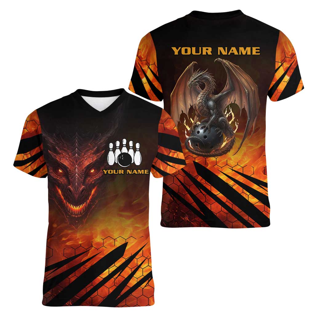 Custom Fiery Dragon Bowling Women V-Neck T-Shirt with Flaming Ball and Hexagon Flame Pattern - Wonder Print Shop