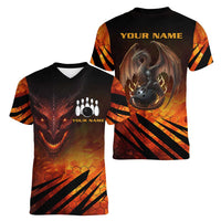 Custom Fiery Dragon Bowling Women V-Neck T-Shirt with Flaming Ball and Hexagon Flame Pattern - Wonder Print Shop