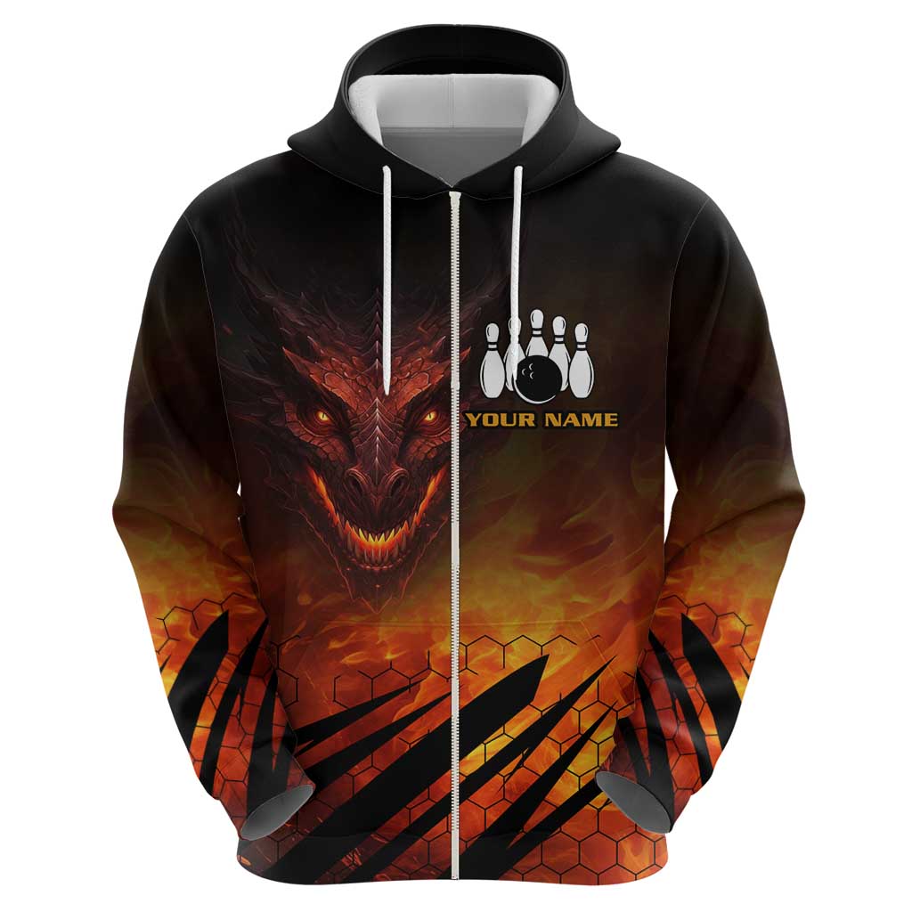 Custom Fiery Dragon Bowling Zip Hoodie with Flaming Ball and Hexagon Flame Pattern - Wonder Print Shop