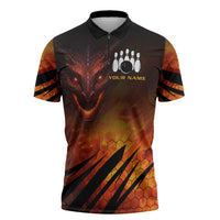 Custom Fiery Dragon Bowling Zipper Polo Shirt with Flaming Ball and Hexagon Flame Pattern - Wonder Print Shop