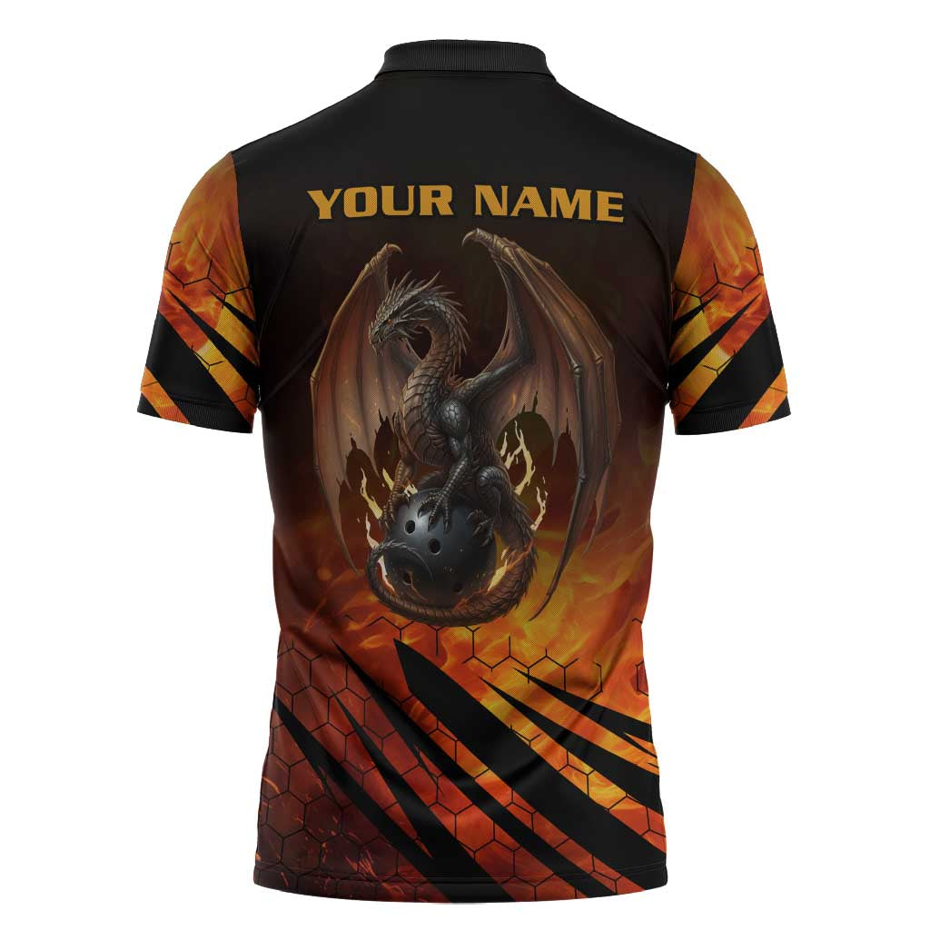 Custom Fiery Dragon Bowling Zipper Polo Shirt with Flaming Ball and Hexagon Flame Pattern - Wonder Print Shop