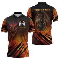 Custom Fiery Dragon Bowling Zipper Polo Shirt with Flaming Ball and Hexagon Flame Pattern - Wonder Print Shop