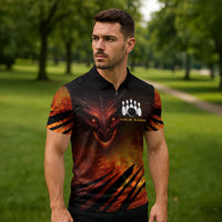 Custom Fiery Dragon Bowling Zipper Polo Shirt with Flaming Ball and Hexagon Flame Pattern - Wonder Print Shop