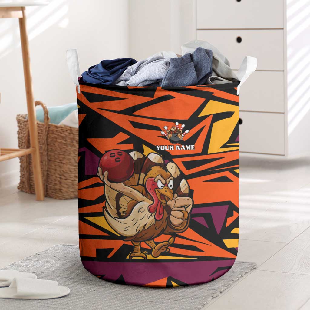 Custom Turkey Bowling Laundry Basket with Cartoon Turkey Striker and Orange Geometric Pattern - Wonder Print Shop