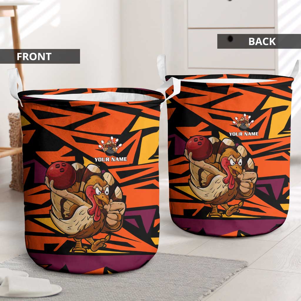 Custom Turkey Bowling Laundry Basket with Cartoon Turkey Striker and Orange Geometric Pattern - Wonder Print Shop