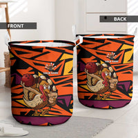 Custom Turkey Bowling Laundry Basket with Cartoon Turkey Striker and Orange Geometric Pattern - Wonder Print Shop