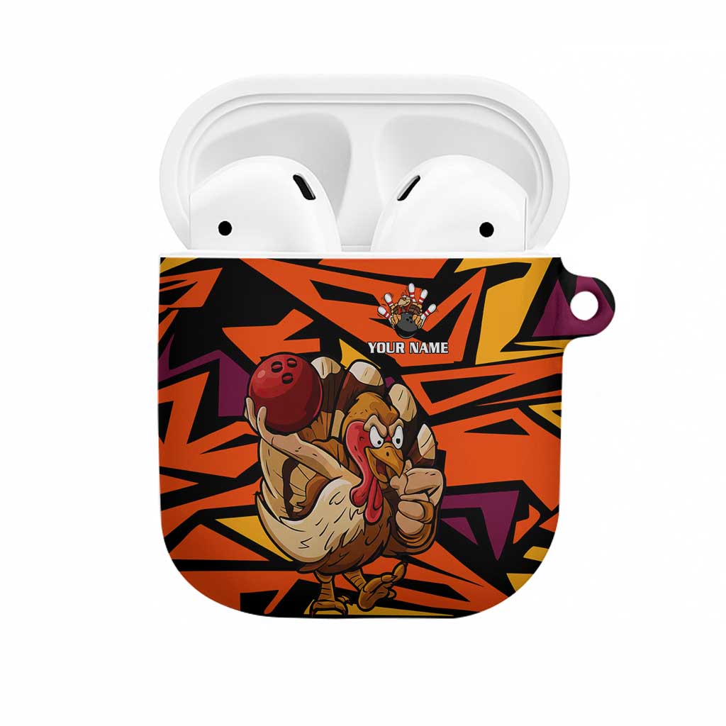 Custom Turkey Bowling AirPods Case with Cartoon Turkey Striker and Orange Geometric Pattern - Wonder Print Shop