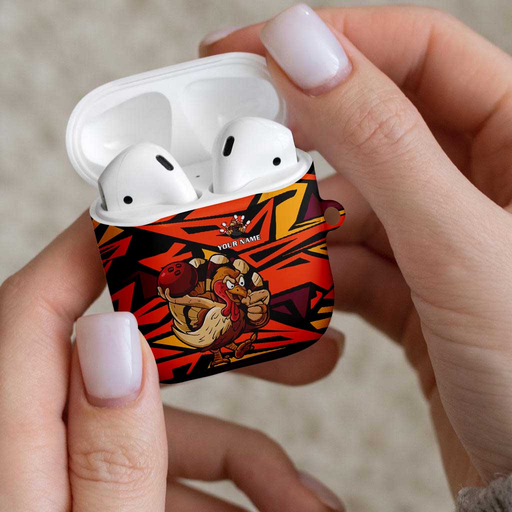 Custom Turkey Bowling AirPods Case with Cartoon Turkey Striker and Orange Geometric Pattern - Wonder Print Shop