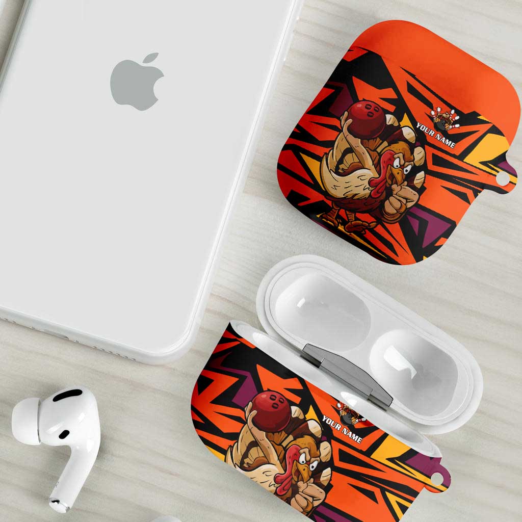 Custom Turkey Bowling AirPods Case with Cartoon Turkey Striker and Orange Geometric Pattern - Wonder Print Shop