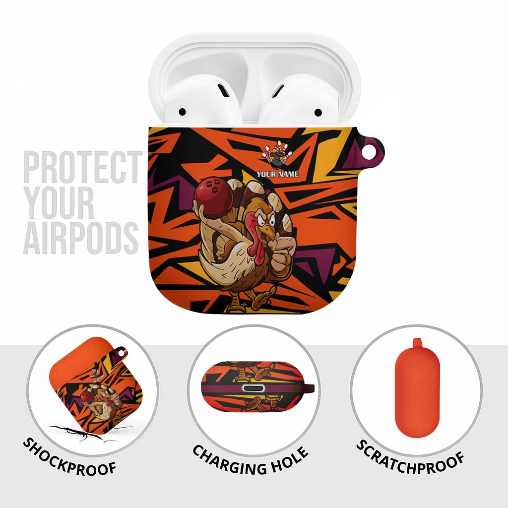 Custom Turkey Bowling AirPods Case with Cartoon Turkey Striker and Orange Geometric Pattern - Wonder Print Shop