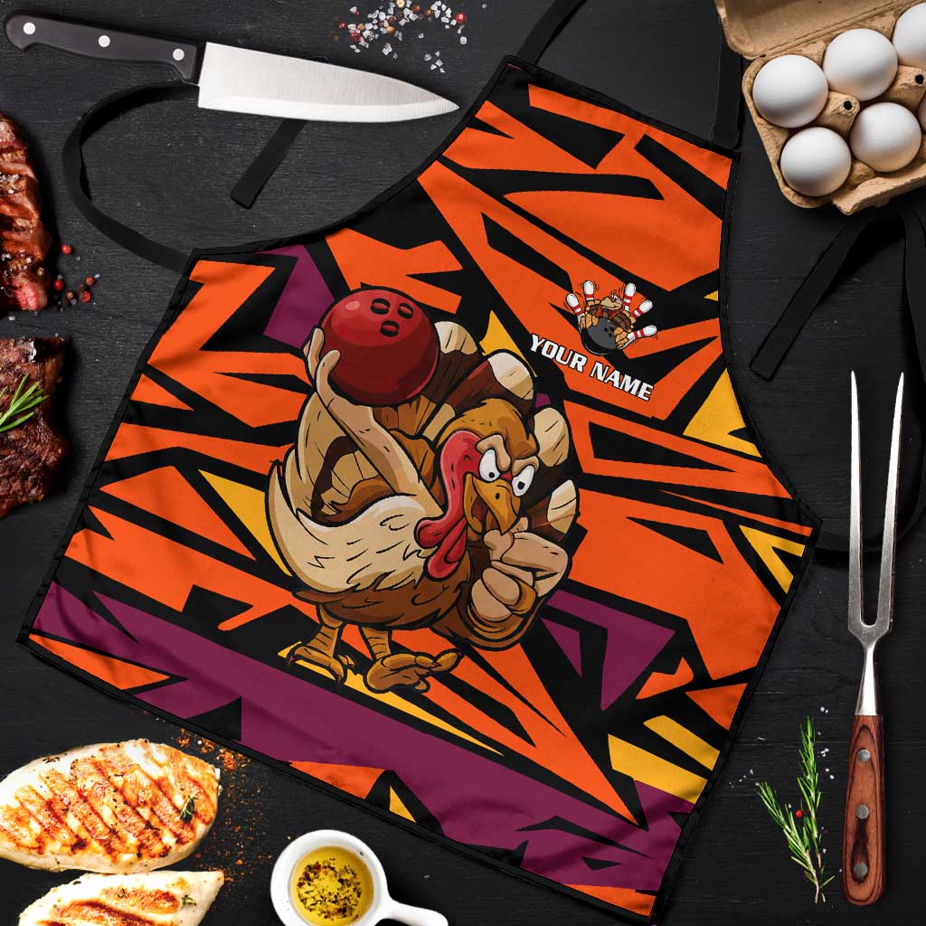 Custom Turkey Bowling Apron with Cartoon Turkey Striker and Orange Geometric Pattern - Wonder Print Shop