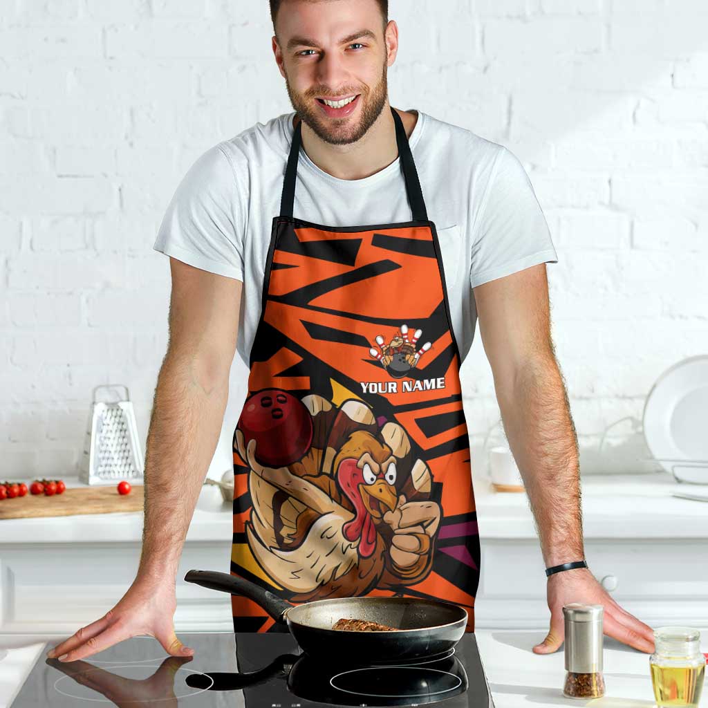 Custom Turkey Bowling Apron with Cartoon Turkey Striker and Orange Geometric Pattern - Wonder Print Shop