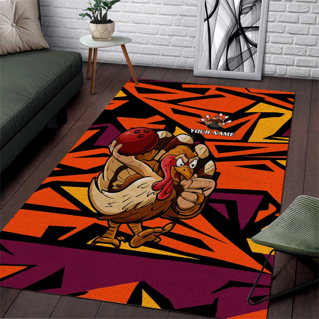 Custom Turkey Bowling Area Rug with Cartoon Turkey Striker and Orange Geometric Pattern - Wonder Print Shop