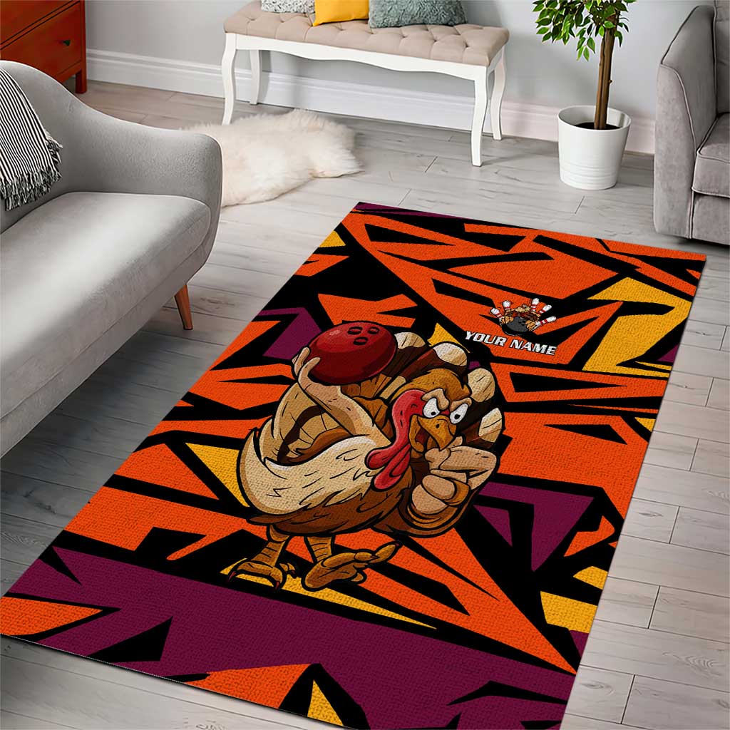 Custom Turkey Bowling Area Rug with Cartoon Turkey Striker and Orange Geometric Pattern - Wonder Print Shop