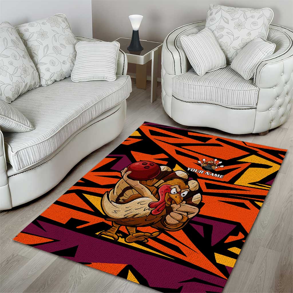 Custom Turkey Bowling Area Rug with Cartoon Turkey Striker and Orange Geometric Pattern - Wonder Print Shop
