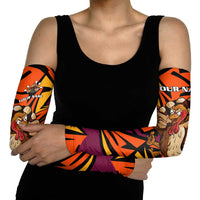 Custom Turkey Bowling Arm Sleeves with Cartoon Turkey Striker and Orange Geometric Pattern - Wonder Print Shop
