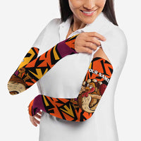 Custom Turkey Bowling Arm Sleeves with Cartoon Turkey Striker and Orange Geometric Pattern - Wonder Print Shop