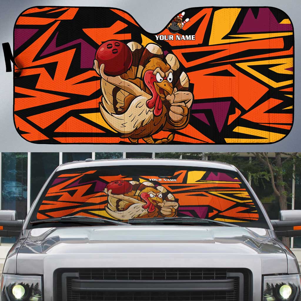 Custom Turkey Bowling Auto Sun Shade with Cartoon Turkey Striker and Orange Geometric Pattern - Wonder Print Shop