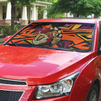 Custom Turkey Bowling Auto Sun Shade with Cartoon Turkey Striker and Orange Geometric Pattern - Wonder Print Shop