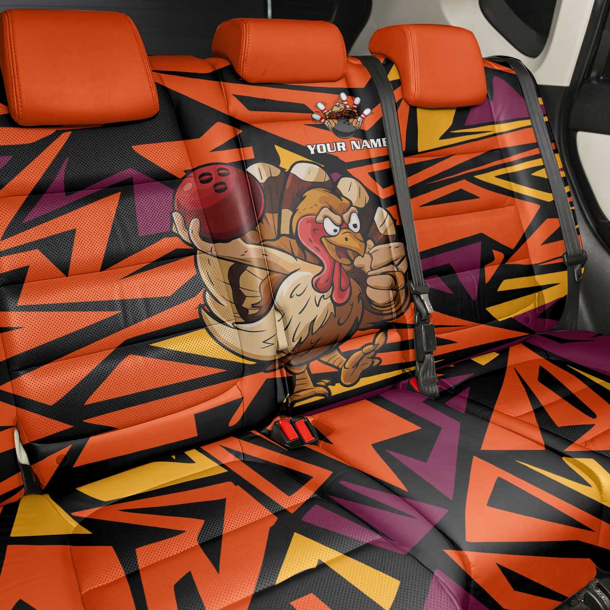 Custom Turkey Bowling Back Car Seat Cover with Cartoon Turkey Striker and Orange Geometric Pattern - Wonder Print Shop