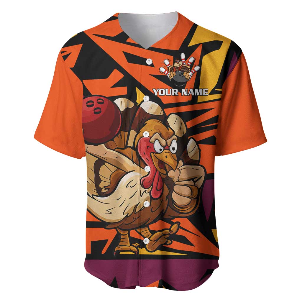 Custom Turkey Bowling Baseball Jersey with Cartoon Turkey Striker and Orange Geometric Pattern - Wonder Print Shop