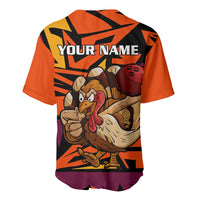 Custom Turkey Bowling Baseball Jersey with Cartoon Turkey Striker and Orange Geometric Pattern - Wonder Print Shop