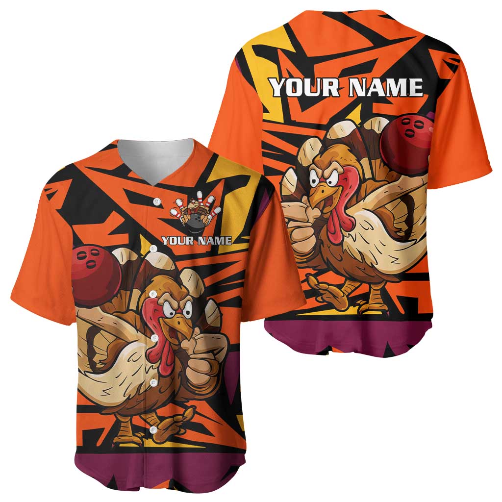 Custom Turkey Bowling Baseball Jersey with Cartoon Turkey Striker and Orange Geometric Pattern - Wonder Print Shop
