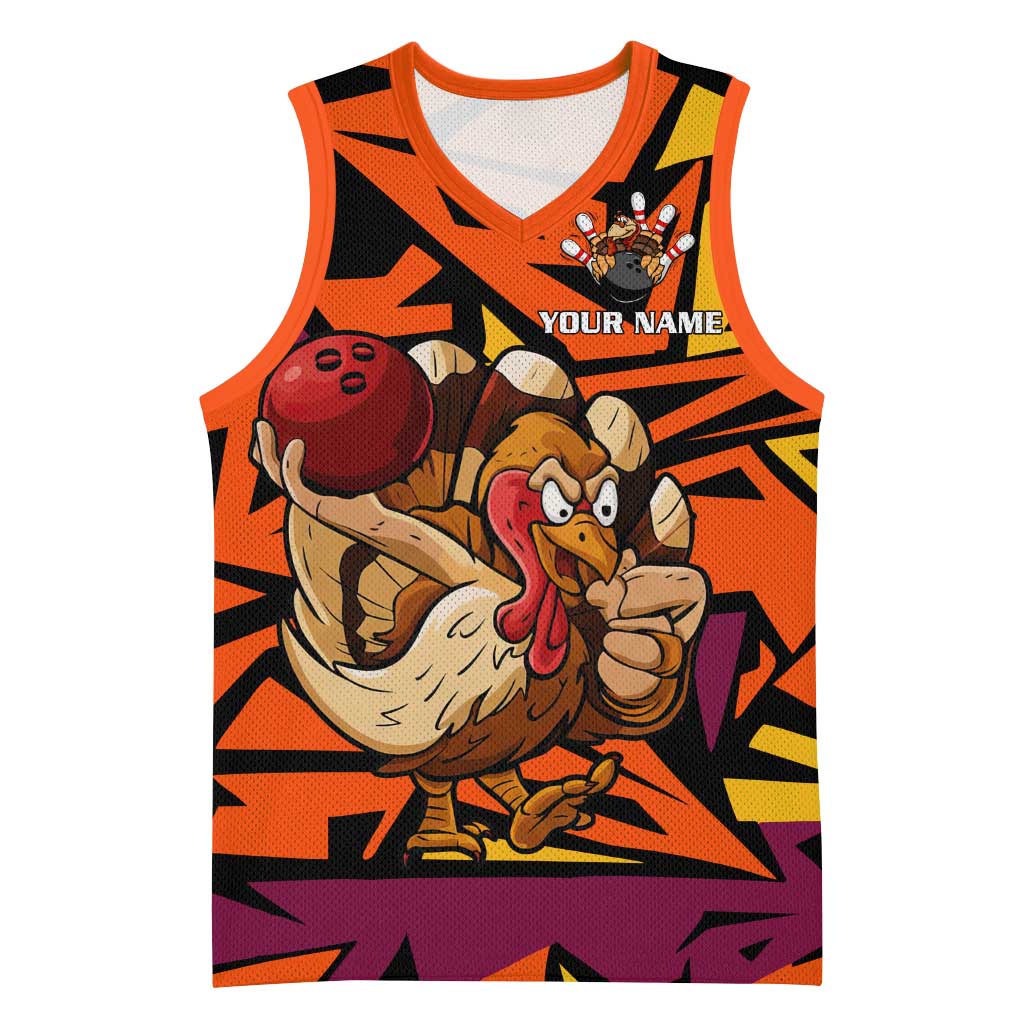 Custom Turkey Bowling Basketball Jersey with Cartoon Turkey Striker and Orange Geometric Pattern - Wonder Print Shop